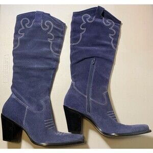 Via Spiga All Leather Blue Suede Cowboy Western Zip Block Heel Boots Womens 7.5M